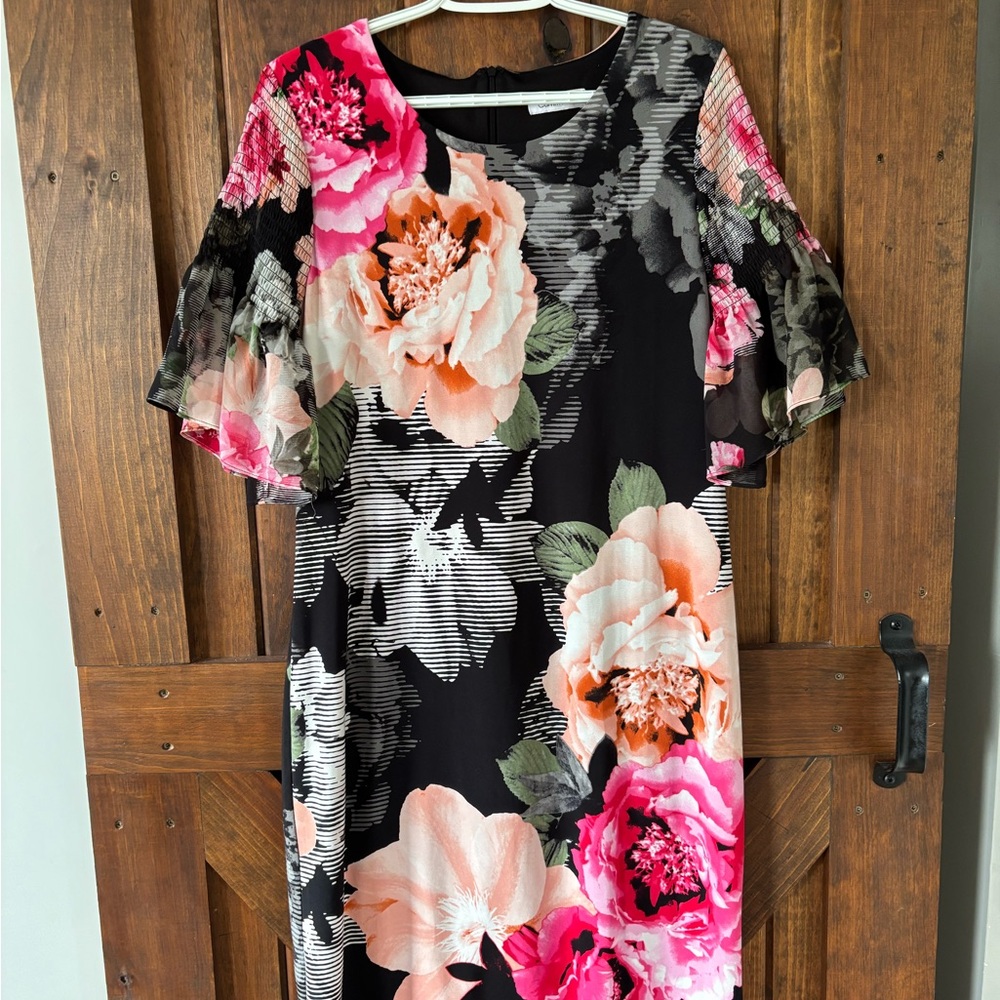 Calvin Klein Pink and Orange Sheath Dress with Flutter Sleeves